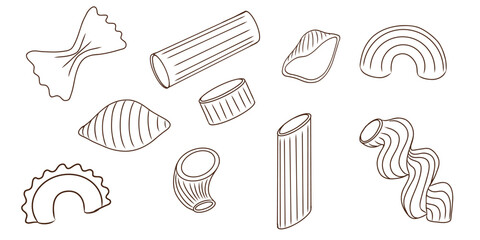Various types of pasta. Macaroni, creste di galli, cavatappi, anelli, conchiglio, rigatoni, farfalle, penne isolated on background. Outline vector style.