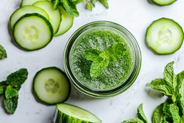 Obraz premium Revitalizing mint and cucumber face mask recipe home spa skin care tips refreshing environment top-down view concept of natural beauty and wellness