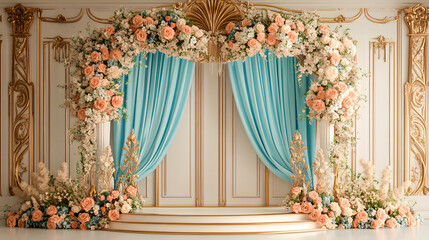 Arch wedding flowers, stunning floral entrance decor idea with wooden frame, elegant puce and cream curtain and royal carving