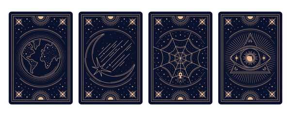 Magic occult Tarot cards with esoteric celestial frames, vector backgrounds. Tarot cards reverse decks and covers with golden frames, magic mystic esoteric sun and moon, stars and freemason pyramid © Vector Tradition