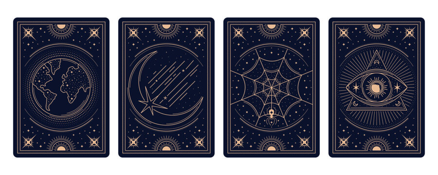 Magic occult Tarot cards with esoteric celestial frames, vector backgrounds. Tarot cards reverse decks and covers with golden frames, magic mystic esoteric sun and moon, stars and freemason pyramid