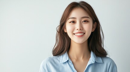 Obraz premium A Young Woman Smiling Wearing A Light Blue Shirt
