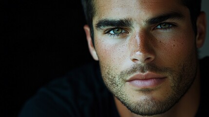 Obraz premium Close-up portrait of a handsome man with green eyes and stubble.