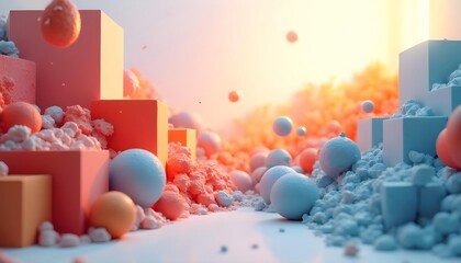 A complex arrangement of three-dimensional geometric shapes, each with different edges and vertices. From small to large, combining different sizes and colors, cubes, spheres and pyramids, randomly ar