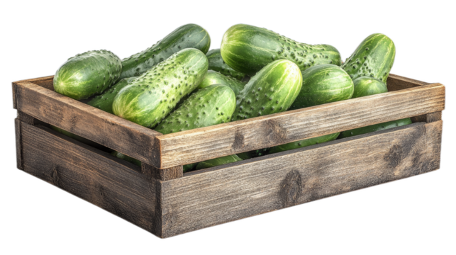 A wooden box filled with fresh cucumbers on a transparent background. Cucumbers look juicy and green, with characteristic bumps on the surface.