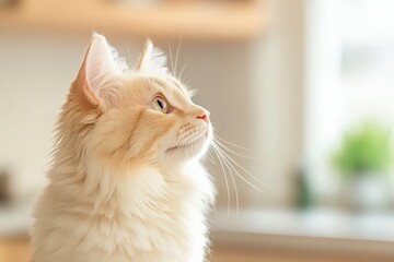 A fluffy orange kitten sits attentively in a bright kitchen, its soft fur glowing in the natural sunlight, creating a warm and inviting atmosphere.