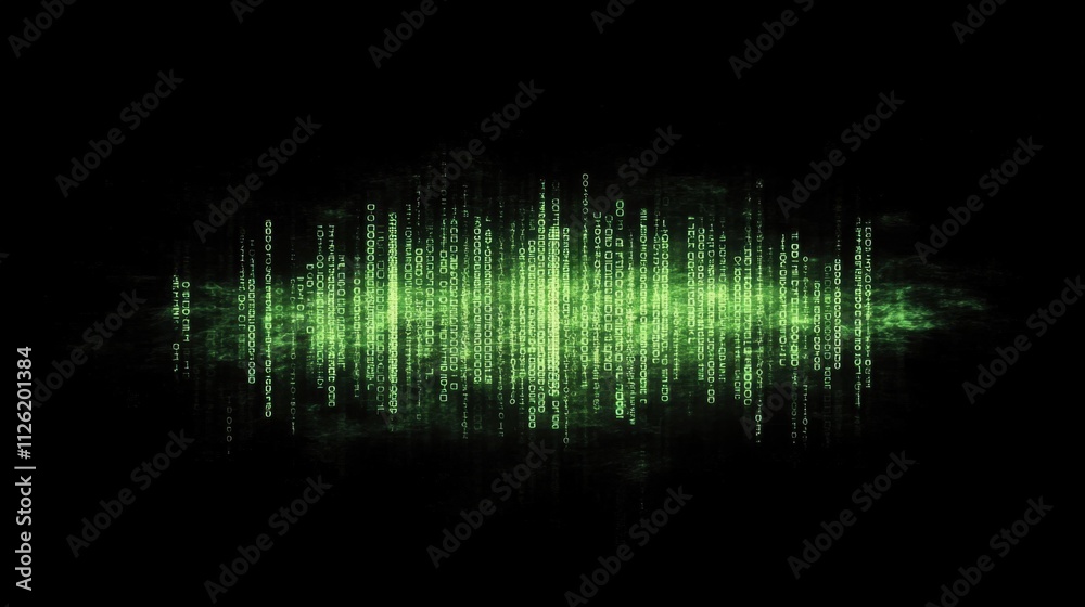 Aufkleber a glowing green matrix-style binary code background with horizontal light trails, creating a cyberpu