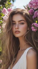Fototapeta premium Portrait of a Young Woman with Long Hair Surrounded by Blooming Pink Flowers