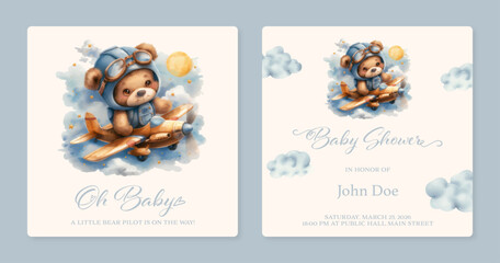 Fototapeta premium Adorable Baby Shower Invitation Featuring a Teddy Bear Pilot in a Vintage Airplane with Clouds, Stars, and a Golden Sun, Baby Shower Invitation Card