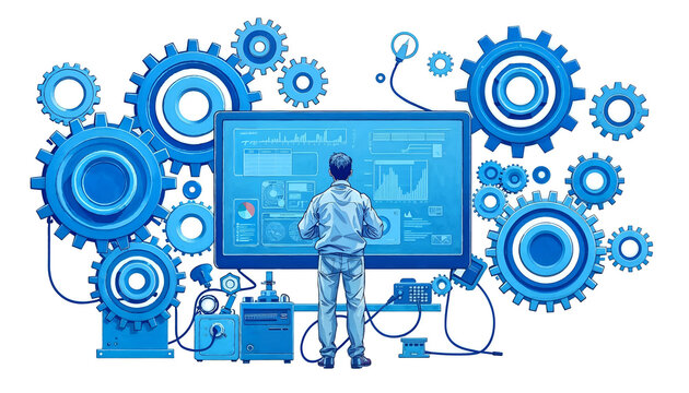 Futuristic Engineering Concept with Gears, Data Screens, and Advanced System Interface Design. 