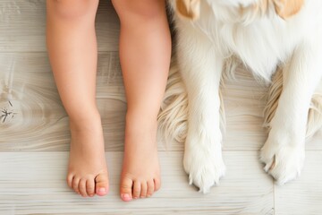 A close-up of a toddlers tiny feet and a dogs fluffy paws resting together on a wooden floor, symbolizing friendship, innocence, and the bond between a child and their pet.