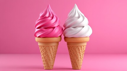 Two ice cream cones with pink and white swirls on top. The pink one is on the left and the white one is on the right