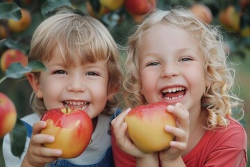 Fototapeta premium Two happy children are hugging and smiling, holding an apple between them in a sunlit orchard, enjoying a joyful moment during apple picking season.