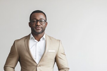 Confident Professional Man in Stylish Beige Suit Standing Against Minimalist Background