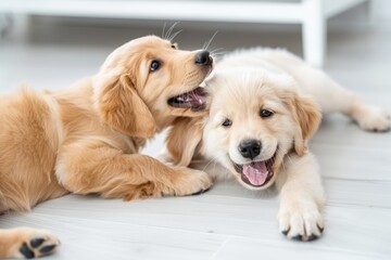A heartwarming shot of two Golden Retriever puppies snuggling close, showcasing their cute and playful nature while lying together in a cozy environment.