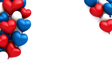 Bunch of red, blue, and white balloons with hearts on them. The balloons are arranged in a way that creates a border around them. Concept of celebration and joy