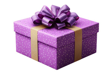 A purple gift box with a shiny purple bow and a golden ribbon on a transparent background.