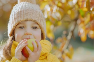 A young girl with pigtails takes a bite out of a fresh apple in an orchard, enjoying the sweetness of the fruit surrounded by trees full of apples during harvest season.