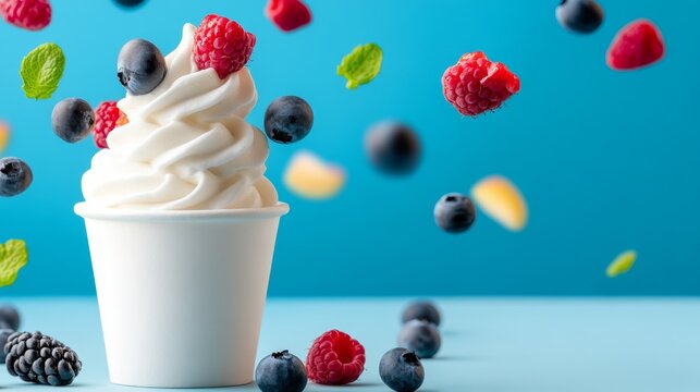 A white cup filled with a delicious dessert topped with blueberries and raspberries. The blueberries and raspberries are scattered around the cup, creating a visually appealing and appetizing scene