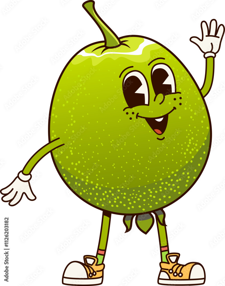 Poster groovy guava character or funny retro cartoon fruit with happy face, vector emoji. groovy guava with