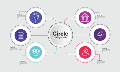 Infographics 6 element with centre circle. Graphic chart diagram, business timeline graphic design