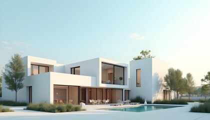 The homes are set against a soothing light blue sky and feature a streamlined design typical of modern minimalist architecture. The homes are equipped with cutting-edge integrated smart technology.