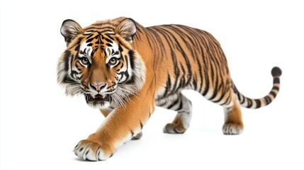 Obraz premium A powerful tiger in mid-prowl, captured in a dynamic and intense pose, isolated against a stark white background.