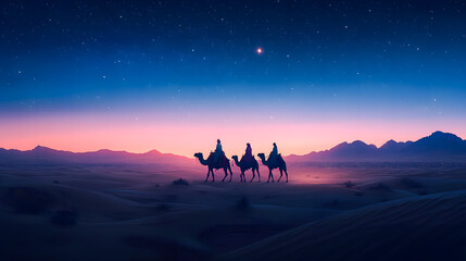 Fototapeta premium Cartoon artwork of three wise men on camels in the desert, following the star of bethlehem