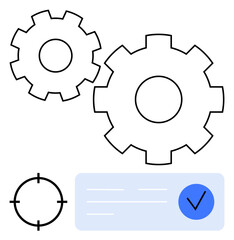 Gears of different sizes, a target symbol, and a checklist. Ideal for themes of task management, engineering efficiency, precision, planning, organization project success systems.