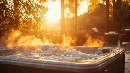 Sunrise hot tub outdoor relaxation steam peaceful nature view