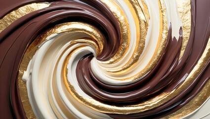 Swirling Chocolate Symphony: A mesmerizing abstract image of swirling chocolate and white chocolate, with accents of gold leaf, creating a luxurious and indulgent composition. Elegant still life. 3