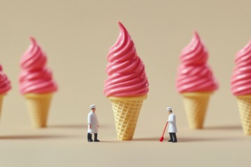 Group of men are standing in front of a giant pink ice cream cone. The scene is playful and whimsical, with the men possibly being chefs or ice cream makers. Concept of fun and lightheartedness