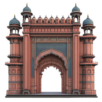 3D front view illustration of the Rumi Darwaza Indian monument isolated on a white transparent background