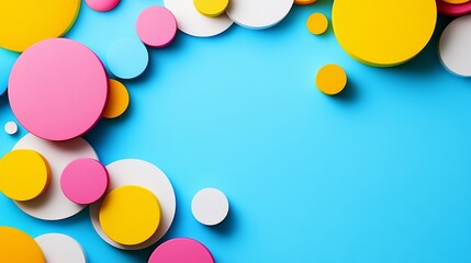 Blue background with a bunch of colorful circles. The circles are of different sizes and colors, and they are arranged in a way that creates a sense of movement and energy. Scene is playful and fun