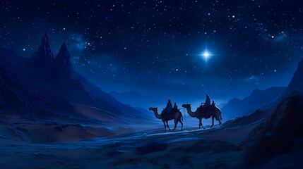 Cartoon artwork of three wise men on camels in the desert, following the star of bethlehem