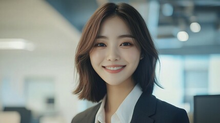 Naklejka premium Young Woman Smiling in Professional Office Attire