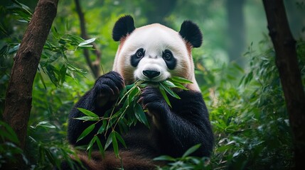 Obraz premium A Close-Up of a Panda Eating Bamboo