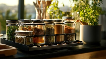 collection of spice jars arranged on a kitchen counter