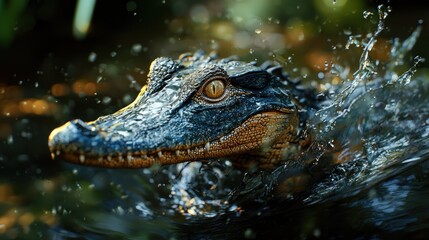 Obraz premium Spectacular Close-Up of a Young Alligator Emerging from the Water, Creating a Stunning Splash