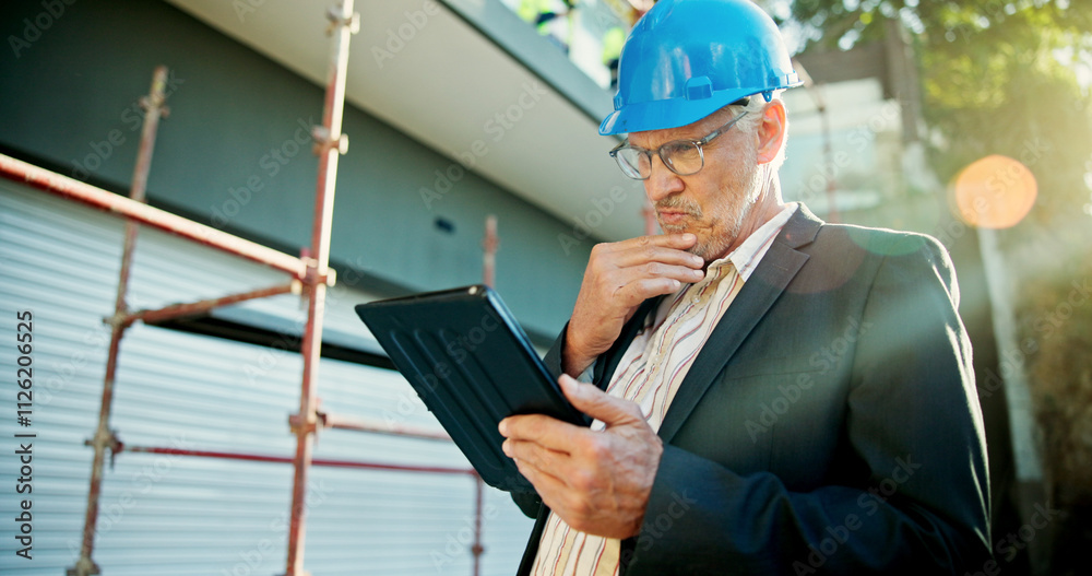 Aufkleber construction site, thinking and man with tablet, planning for project and safety with online checkli