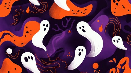 Abstract shapes and patterns in dark purple and orange tones, featuring ghostly effects and subtle Halloween motifs.
