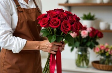 Hands of florist girl with bouquet of red roses with red ribbon, florist shop in background