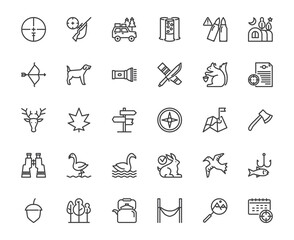 Vector hunting and related such gun, knife, weapon, nature outline icon set, lifestyle and wildlife discovery concept, editable stroke 48x48 pixel perfect icon for website, mobile application, ux,ui