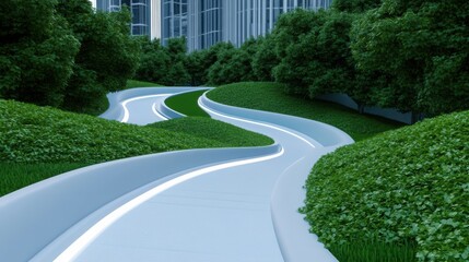 a 3D rendered futuristic city park with innovative architecture, greenery