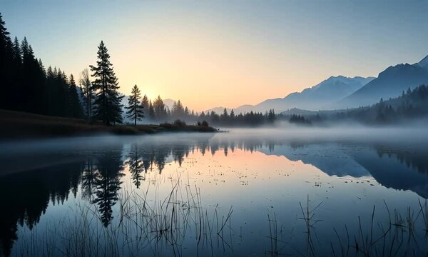Cinematic Crane Shot Over Mirror-Like Lake at Dawn