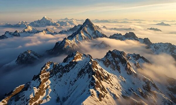 Aerial View of Snow-Capped Peaks with Golden Sunbeams