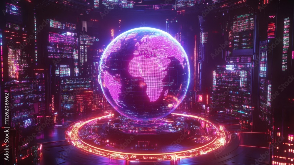 Poster advanced technology: glowing data network visualization surrounding a digital globe