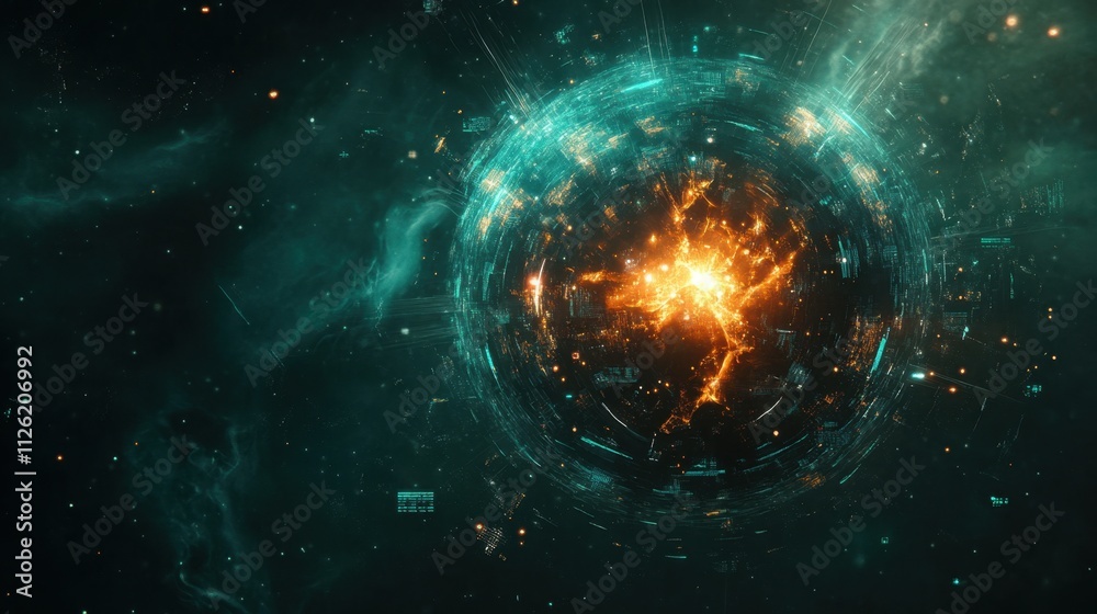Poster advanced technology: glowing data network visualization surrounding a digital globe