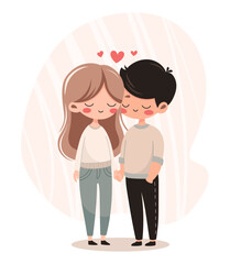 Cute Cartoon Couple of Girl and Boy Holding Hands.