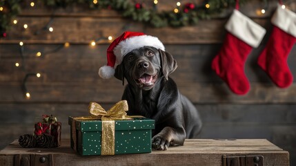Labrador Retriever wearing a sparkly Santa hat, playfully nudging a green gift box with a golden ribbon, on a wooden crate table, with stockings and Christmas lights hanging in the background